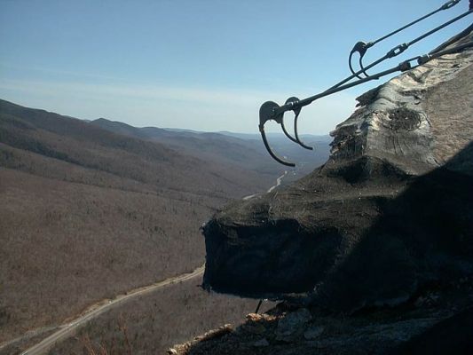 The Old Man of the Mountain
View of The Old Man of the Mountain's Lobotomized Cranium, with bent turnbuckle pins grasping at thin air.
Keywords: franconia notch old man mountain new hampshire